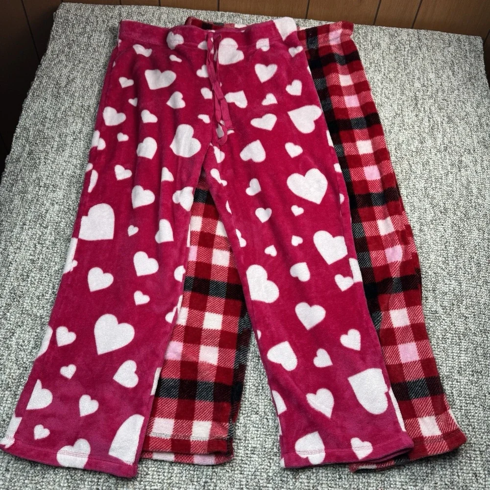 Faded Glory Lot of 2 Womens Large Sleepwear Pants Plaid Hearts Red Pink Pajama